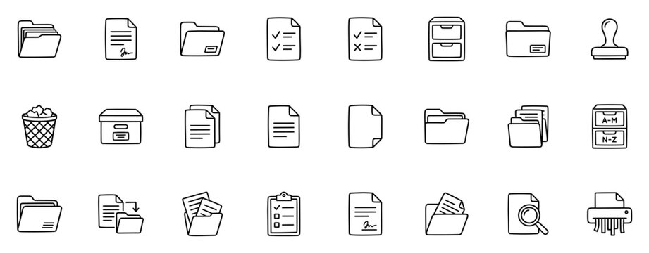 Document and file management icon set, folder archive and office storage vector collection isolated on transparent background