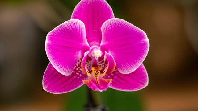 A detailed macro shot of a vibrant fuchsia orchid with intricate patterns and soft lighting and focus