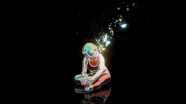 Conceptual 3D animation of a woman practicing yoga janu sirsasana with flying butterflies