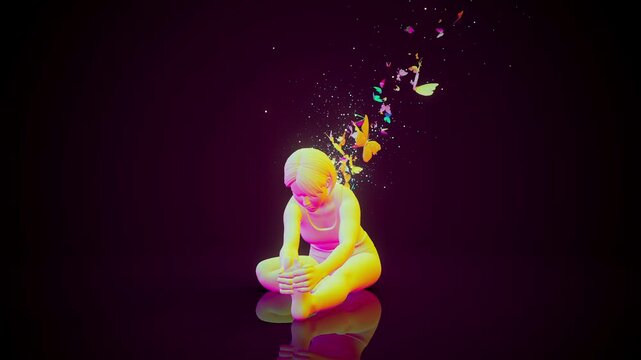 Conceptual 3D animation of a woman practicing yoga janu sirsasana with flying butterflies