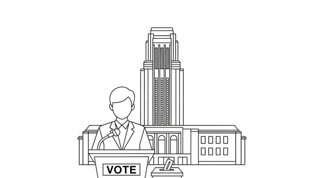 Politician giving speech at podium in front of government building