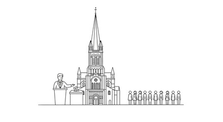 Fototapeta premium Cathedral spire with priest at lectern and people in line
