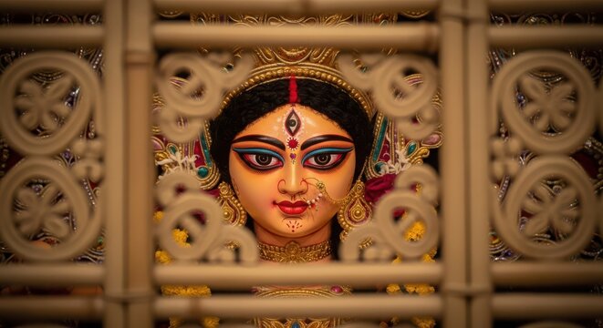 Closeup of goddess durga idol, traditional hindu deity sculpture with intricate makeup and jewelry behind bamboo frame