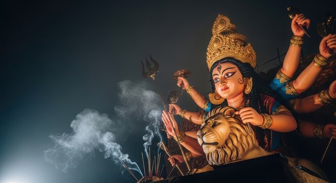 Goddess durga idol with lion mount and incense smoke during durga puja festival celebration in india