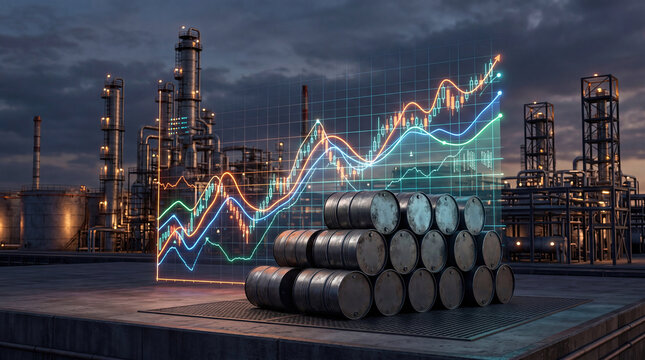 Oil barrels with stock market graph and oil rig background concept. Graphical representation of oil industry growth with barrels.