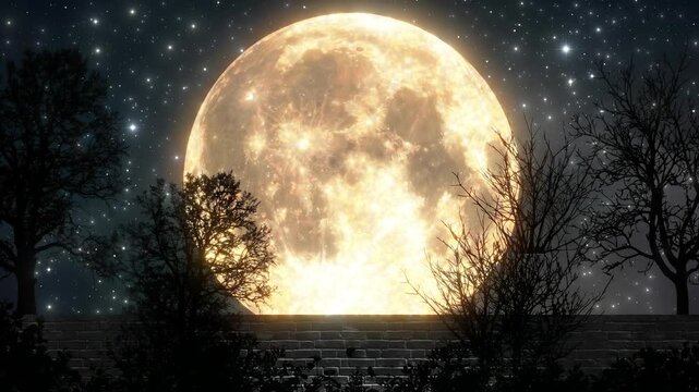 Bright full moon shines over trees in dark sky with shining stars at night. Loop animation