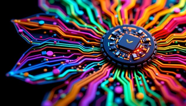 The image features a central circular component resembling a microchip or electronic device, surrounded by vibrant, multicolored circuit pathways radiating outward in a dynamic pattern