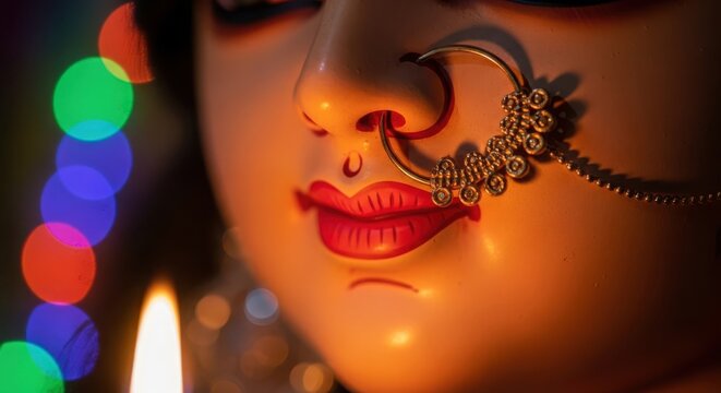 Closeup of goddess durga idol face with traditional nose ring and warm lighting during durga puja festival