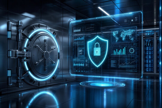 Futuristic Digital Banking Vault with Cyber Security Interface and Financial Data Analytics for Fintech and Online Investment Protection in Modern Data Center Environment