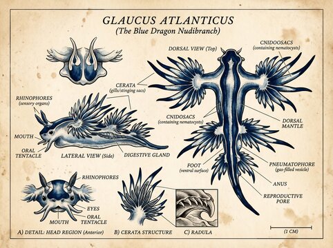 A vintage scientific plate of Glaucus atlanticus. Detailed sketches show dorsal, ventral, and lateral views of the Blue Dragon slug on aged paper.