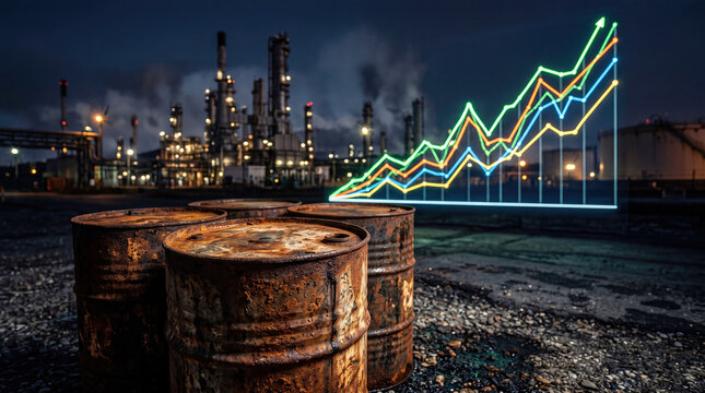 Rusty oil barrels stacked foreground financial charts rising prices concept. Industrial landscape showcasing barrels and growth statistics graph.
