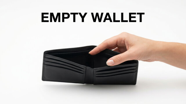 Wallet empty crisis hand black leather wallet empty crisis stress hand hold black leather. Financial bankruptcy recession. open purse broke, debt problem loss, money cash spending pay, poor