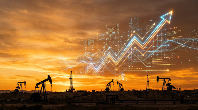 Silhouetted oil pumps with digital financial graphs sunset rising prices concept. Industrial oil pumps at sunset with growth graph overlay.