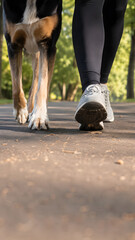 Obraz premium Capturing the bond of dog paws and human feet in scenic nature photography