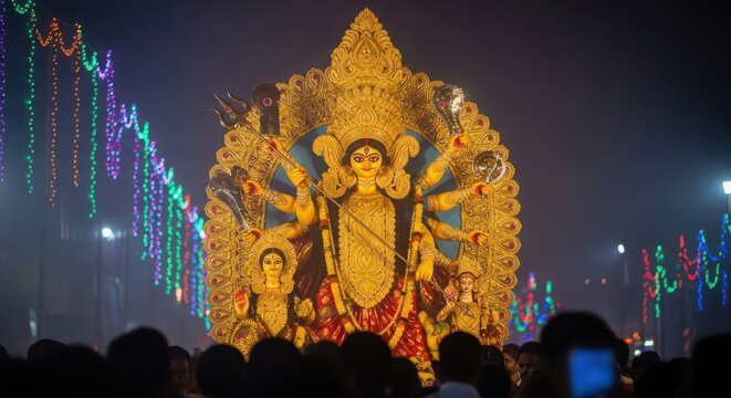 Idol of goddess durga during durga puja festival celebration in kolkata, west bengal, india