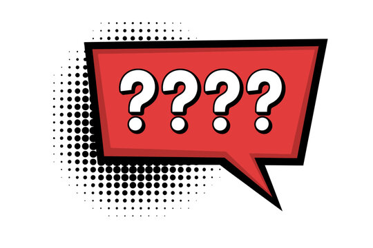Red comic speech bubble with question marks  symbol of confusion