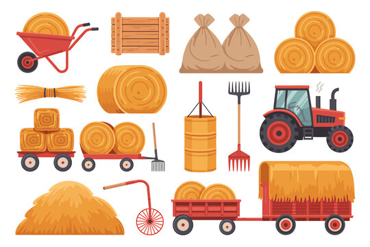 farm equipment and hay bales on white background