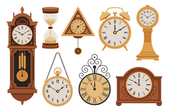 Collection of various clocks and hourglass on white background