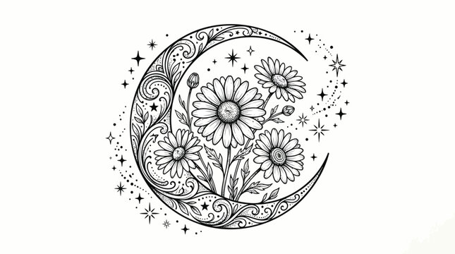Crescent Moon, Floral Pattern, Black Line Art, Celestial Vector, Moonflower Design