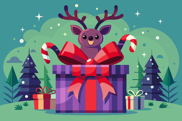 Naklejka premium Merry Christmas greeting card design with gift box and deer, cartoon style