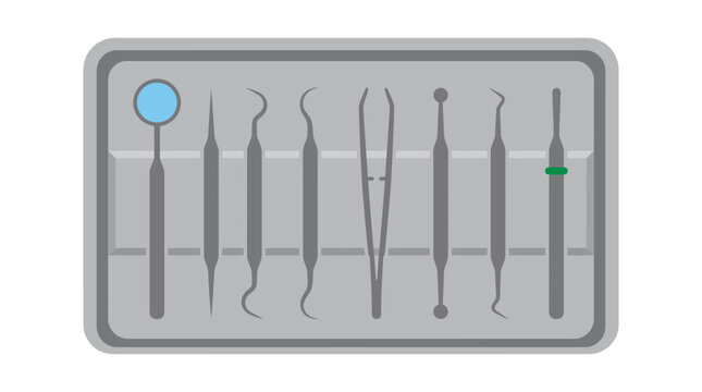 Dental surgical instruments on tray.