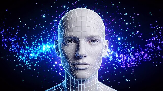 Wireframe human head with glowing particles