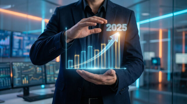 Projecting 2025 business growth with holographic bar chart and upward arrow for annual forecast