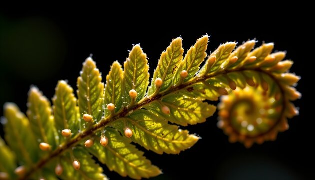The image features a close up of a vibrant green fern leaf with small, rounded sori arranged along the central stem