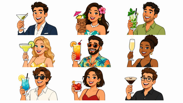 Diverse group of smiling people holding colorful tropical cocktails for a summer celebration