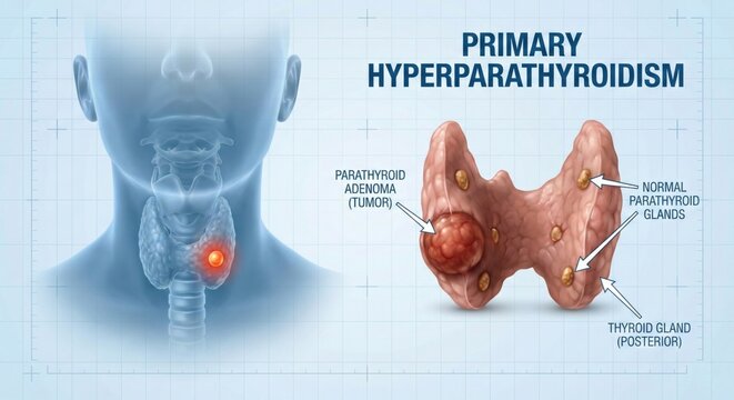 Primary Hyperparathyroidism Medical Illustration, Parathyroid Gland Anatomy, Neck X-ray.