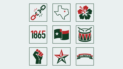 Fototapeta premium Juneteenth Celebration Icons Grid Featuring Texas Map, Emancipation Symbols, and Cultural Imagery
