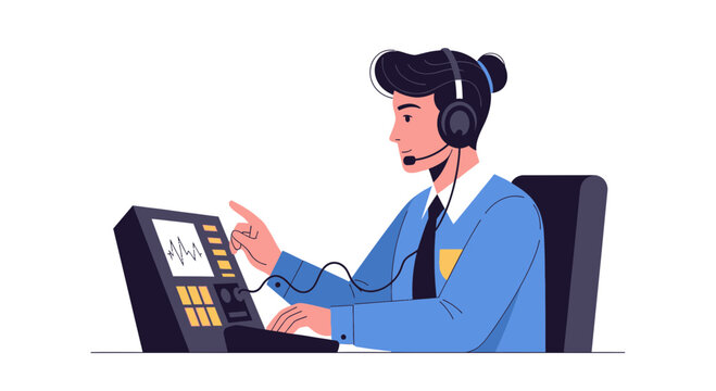 Operator with headset and console, data monitoring, control room