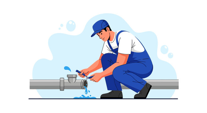 Plumber fixing leaky pipe with tools, illustration for home repair and service