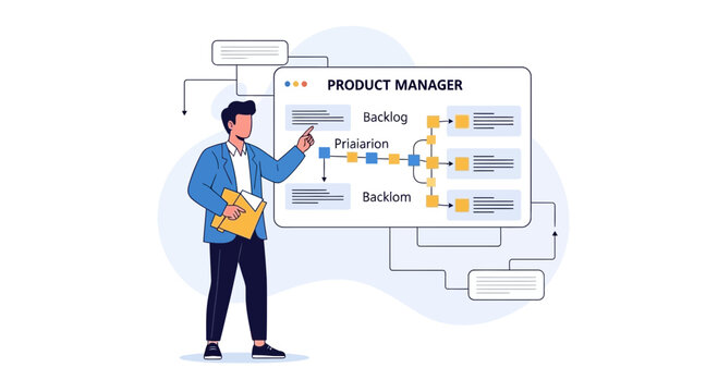 Product Manager leading strategy and planning with workflow diagram