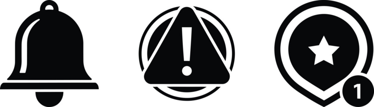 Black icons of bell warning sign and location marker isolated on transparent background