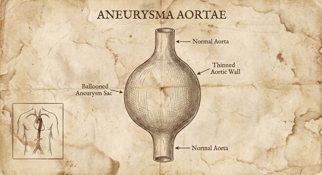 Vintage Medical Illustration Aortic Aneurysm Diagram.