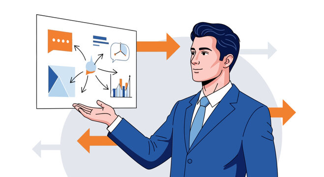 Businessman presenting business strategy and data flow diagram with arrows