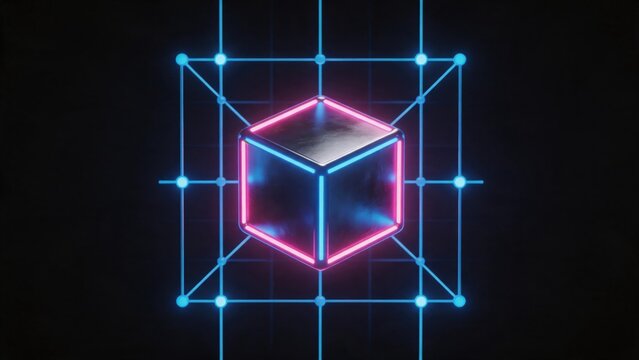 Neon cube in grid pattern