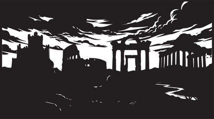 Obraz premium Silhouette of roman forum ruins at sunset with dramatic clouds and river black and white silhouette dramatic architecture abandoned mysterious background