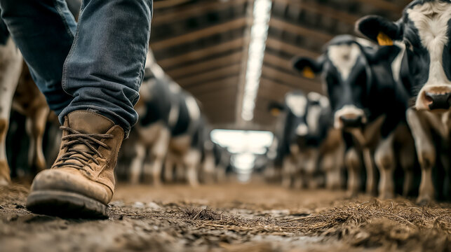 dairy farmer milking cows in barn