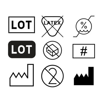 Medical device labeling symbol set including lot latex-free no reuse manufacturer and catalog number compliance icons