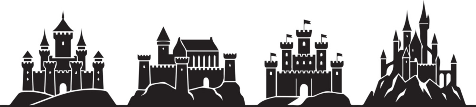 Four black silhouette castles on white background with rocky terrain silhouette building architecture fairytale medieval historic fortress imposing majestic