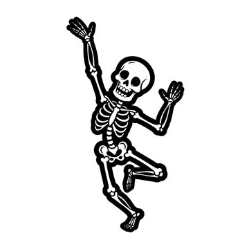 Cartoon skeleton dancing and waving its arms on a clean white background