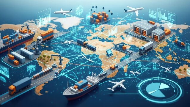 Global logistics and transportation network illustrated on world map