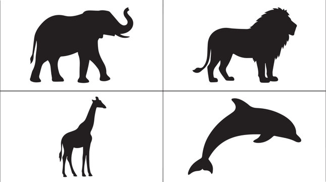 Four animal silhouettes: elephant lion giraffe dolphin with black and white big five creature set animal collection animal graphic various animals wild animals