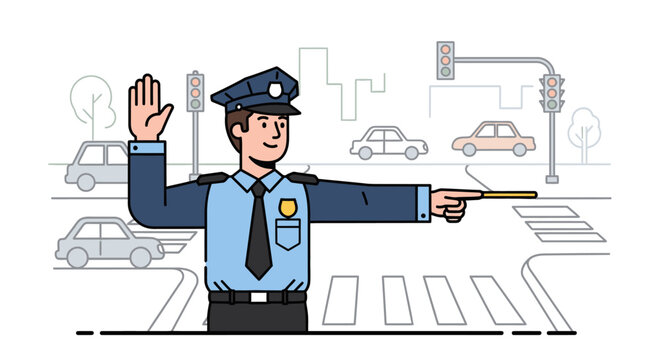 Police officer directing traffic at intersection with cars and traffic lights