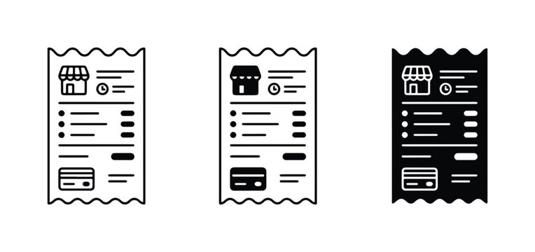 Receipt Icons Set: Store, Credit Card, Purchase Details, Transaction Records, Vector Graphics