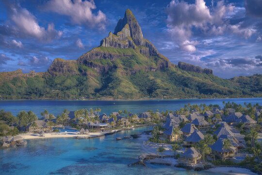 Bora Bora Overwater Bungalows with Mount Otemanu