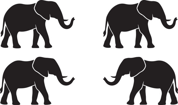 Four black silhouettes of elephants with gray background white background african elephant asian elephant elephants silhouette wildlife grayness
