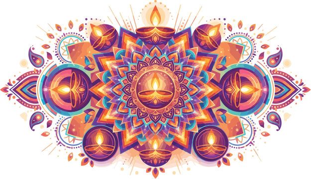 Vibrant Diwali lamp design with intricate patterns and warm lighting on a white background, showcasing a festive and celebratory mood with a mix of orange, blue, and purple hues.